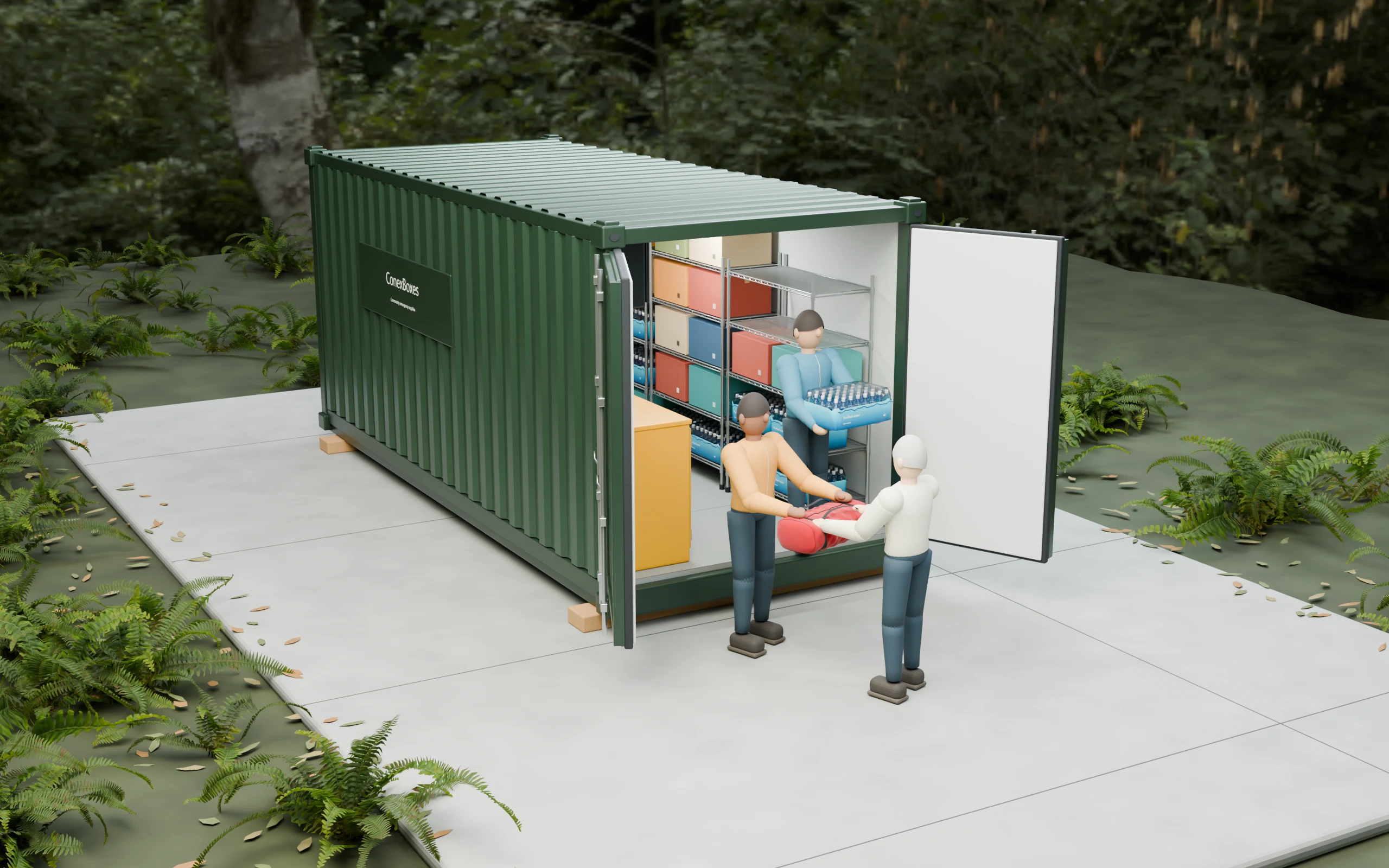 Miniature neighbors pass an emergency kit and water outside the open ConexBox