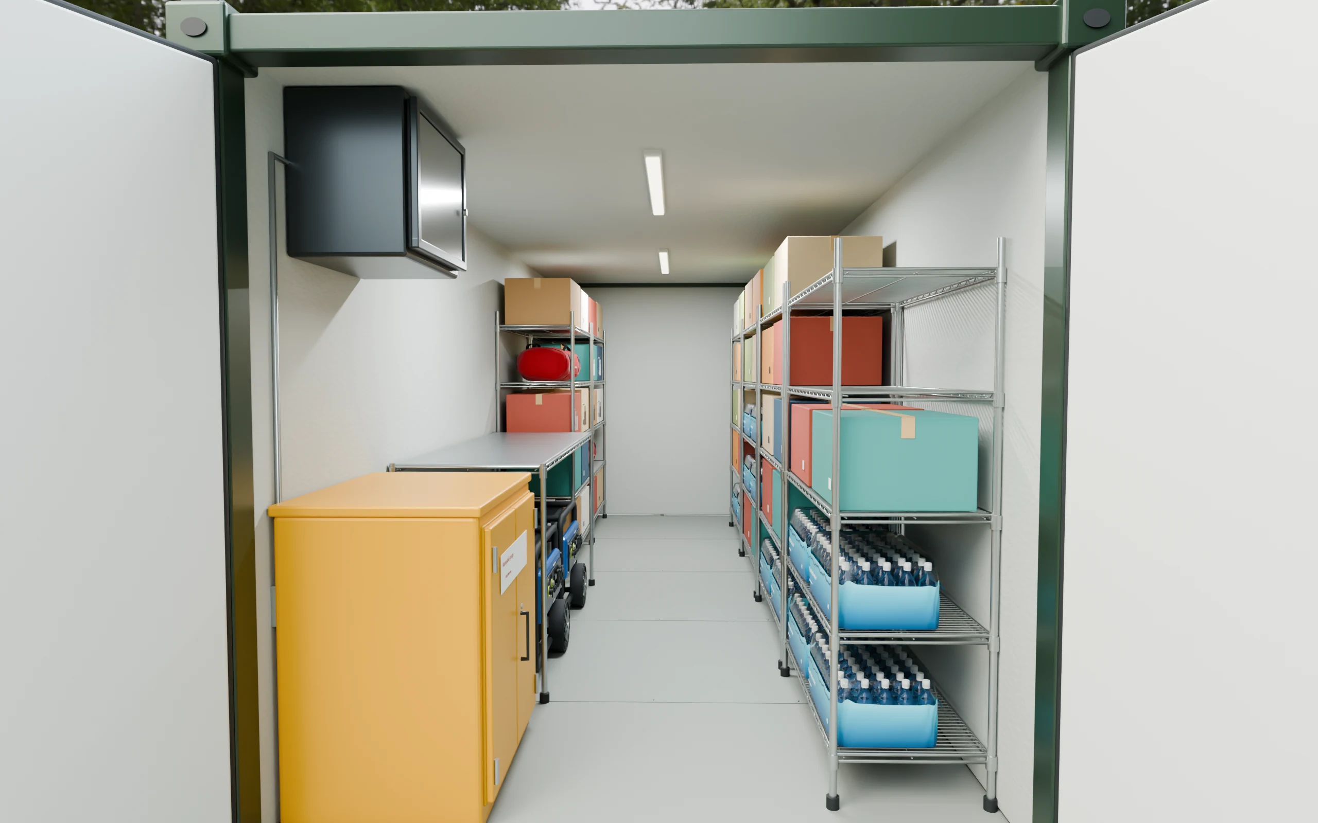 Inside the illustrative ConexBox model: supplies line the shelves around a clear central aisle