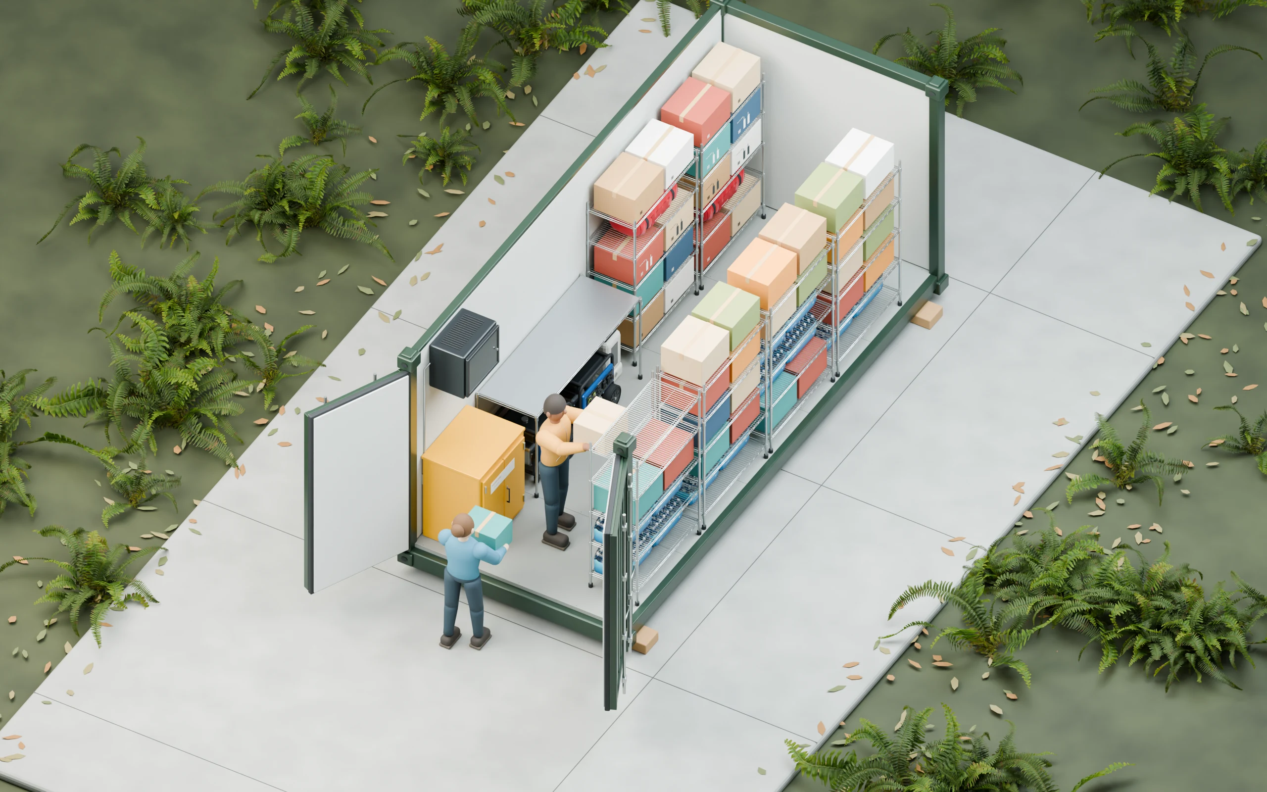 Miniature figures organize supplies inside the ConexBox and at its doorway