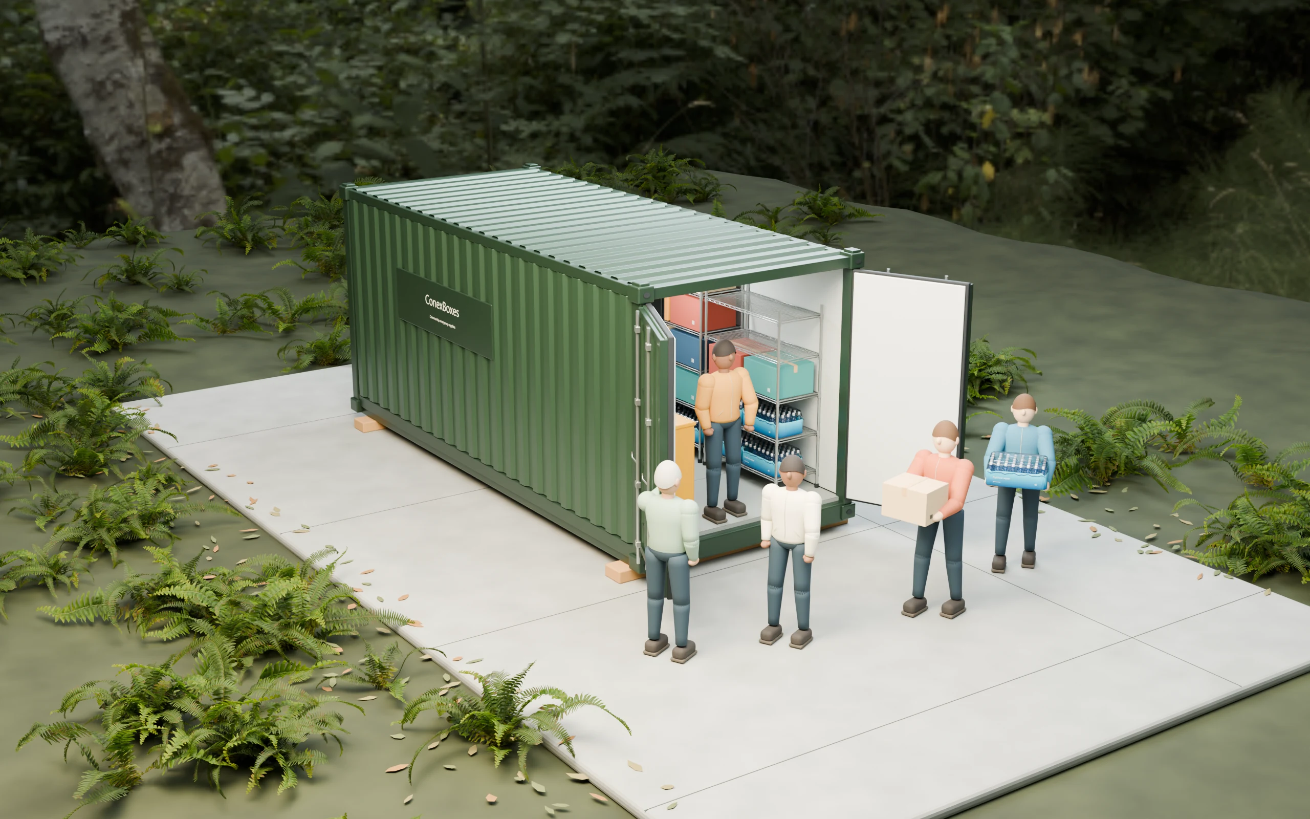 A group of miniature community figures gather and work around the ConexBox