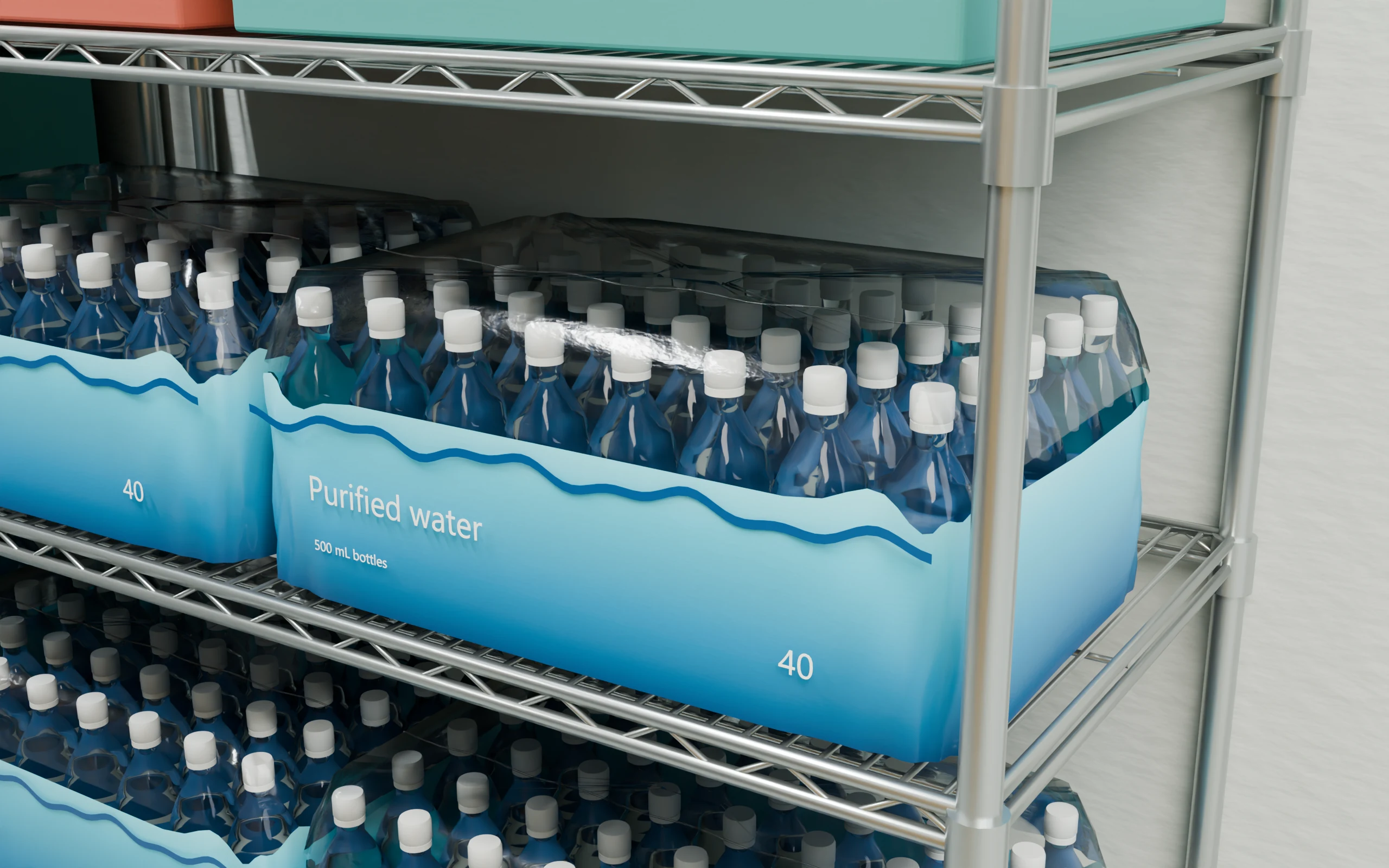 Cases of bottled water on the wire shelves